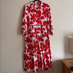 Anthropologie Maeve Bettina Tiered Shirt Dress- Red and White Floral Patterned